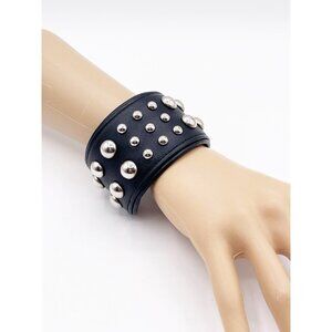 Black Leather Studded Cuff Bracelet Silver Dome Rivets Wide Punk Rock Biker Chic